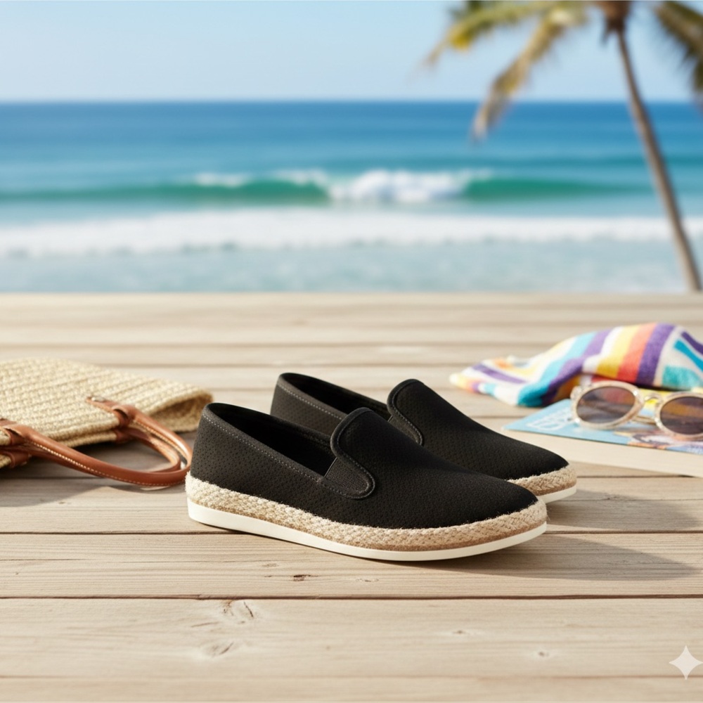 Esprit Women’s Black and Tan Espadrilles Casual Slip-On Preppy Coastal Travel